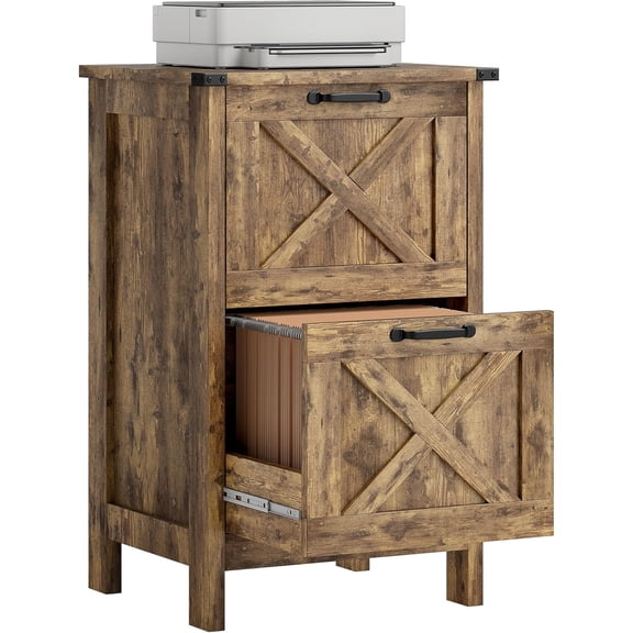 HOMCOM 2 Drawer Vertical File Cabinet with Silent Slides, Rustic Farmhouse Filing Cabinet with Barn Doors for A4/Letter Size, Printer Stand with Storage for Home Office, Rustic Brown