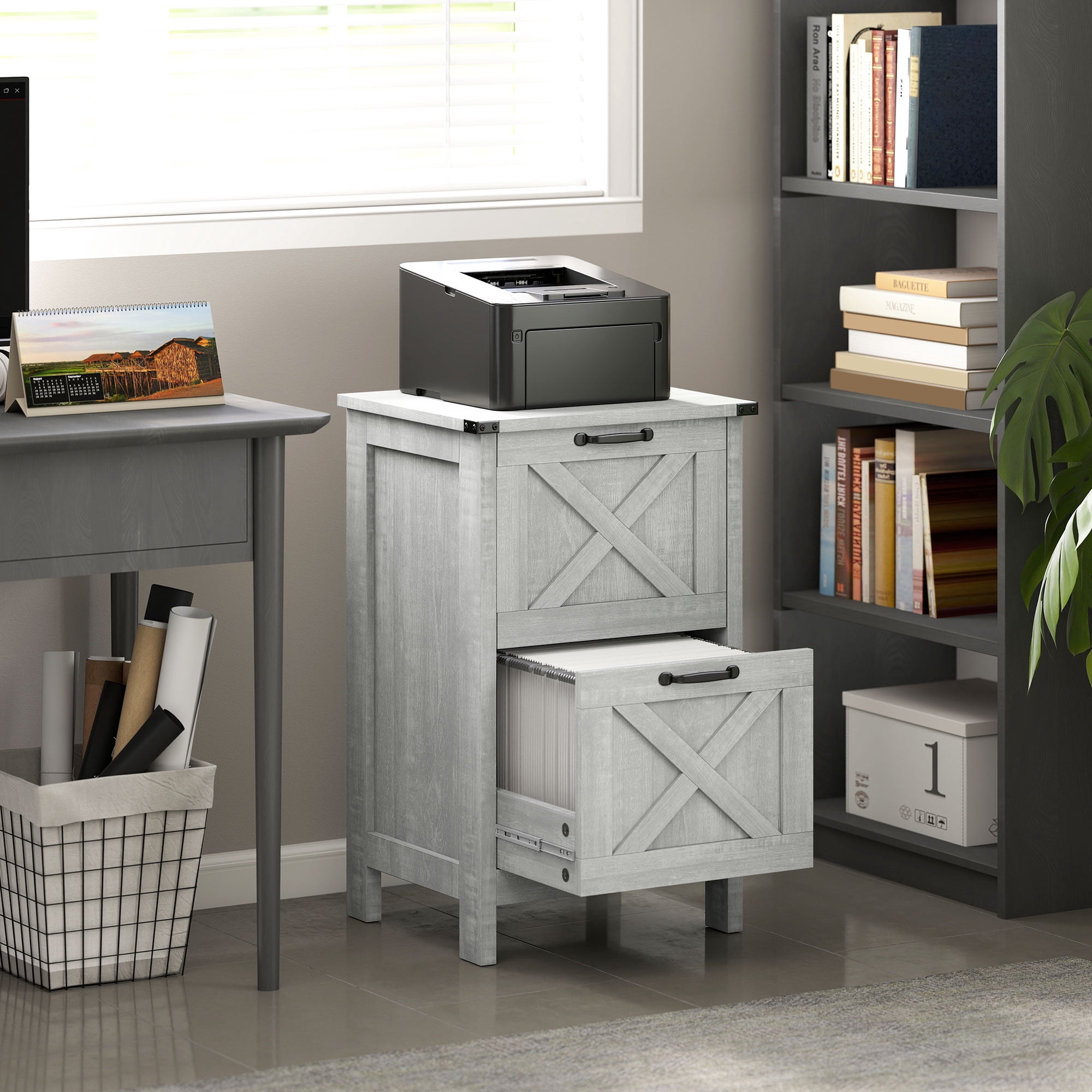 HOMCOM 2 Drawer Vertical File Cabinet with Silent Slides, Farmhouse Filing Cabinet with Barn Doors for A4/Letter Size, Distressed Light Gray
