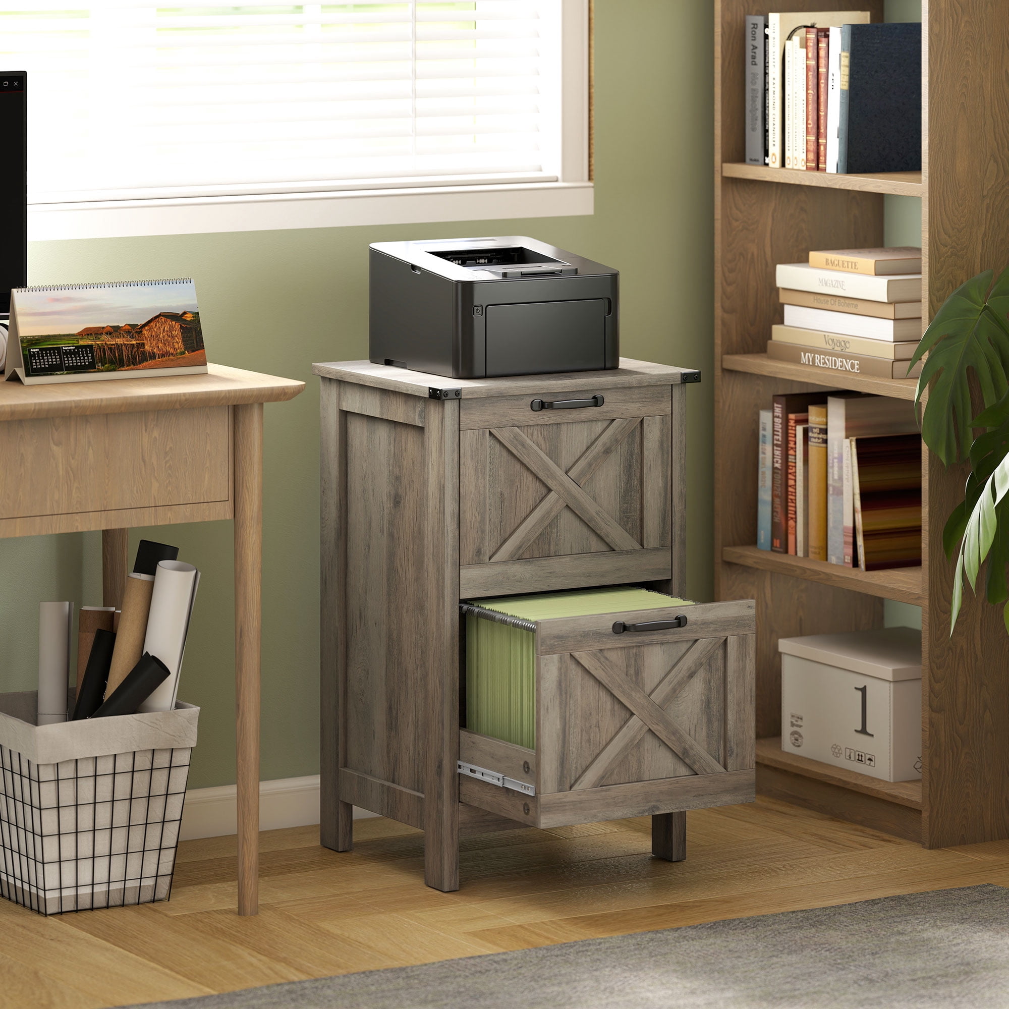 HOMCOM 2 Drawer Vertical File Cabinet with Silent Slides, Farmhouse Filing Cabinet with Barn Doors for A4/Letter Size, Printer Stand, Distressed Gray