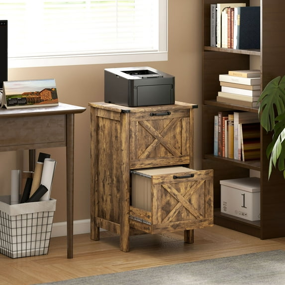 HOMCOM 2 Drawer Vertical File Cabinet with Silent Slides, Farmhouse Filing Cabinet with Barn Doors for A4/Letter Size, Printer Stand, Rustic Brown