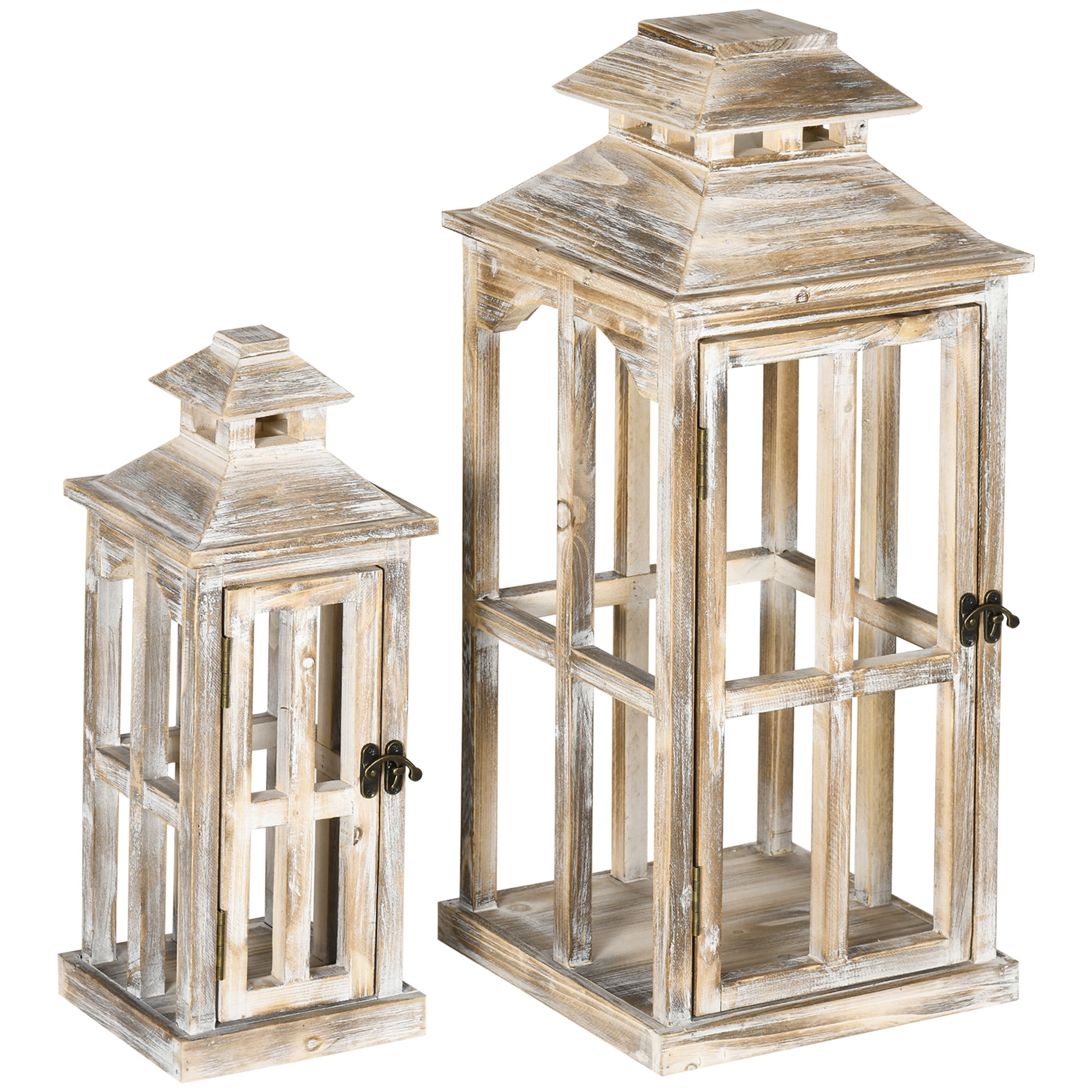 HOMCOM 2 Pack 28"/20" Large Lantern Decorative, Fir Wood Outdoor Lantern