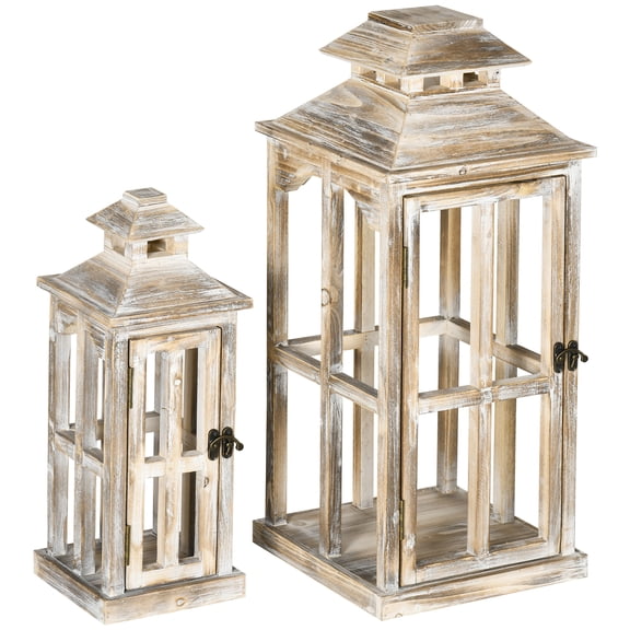 HOMCOM 2 Pack 28"/20" Large Lantern Decorative, Fir Wood Outdoor Lantern