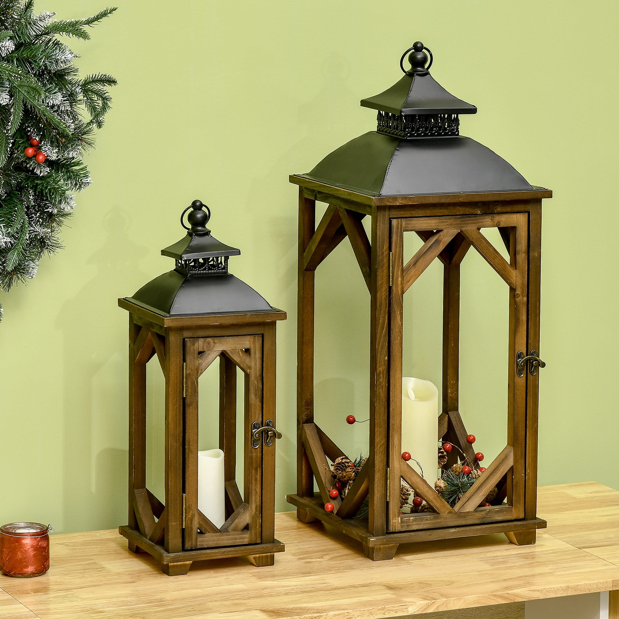 Set Of 2 Large Farmhouse Wooden Lanterns – Rustic Floor Candle Holders With Distressed White Finish