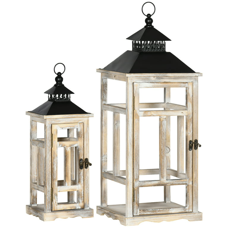 HOMCOM 2 Pack 31/22 Large Rustic Lantern Decorative, Hanging Wooden Metal  Indoor/Outdoor Lantern for Home Decor (No Glass), Black and Distressed  Natural Wood Color 