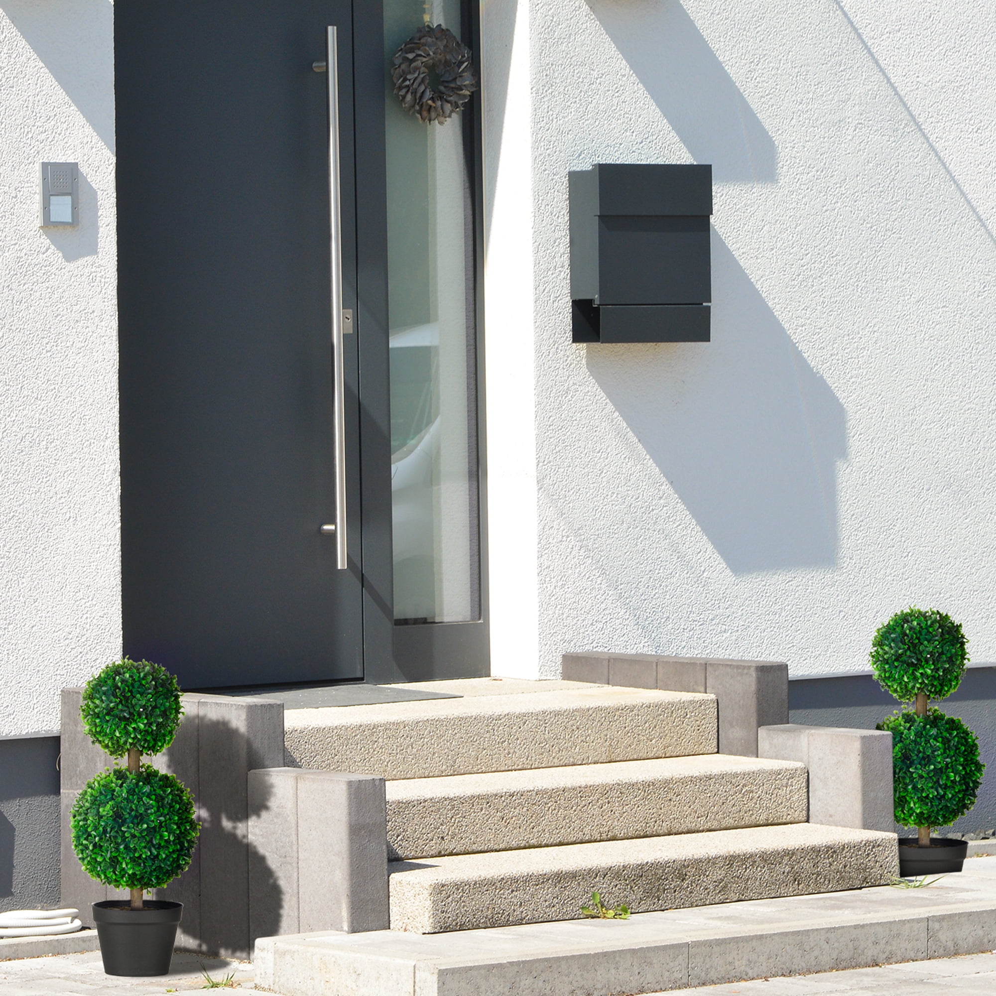 Set of 2 Green Faux Boxwood Topiary Plants in Black Pots