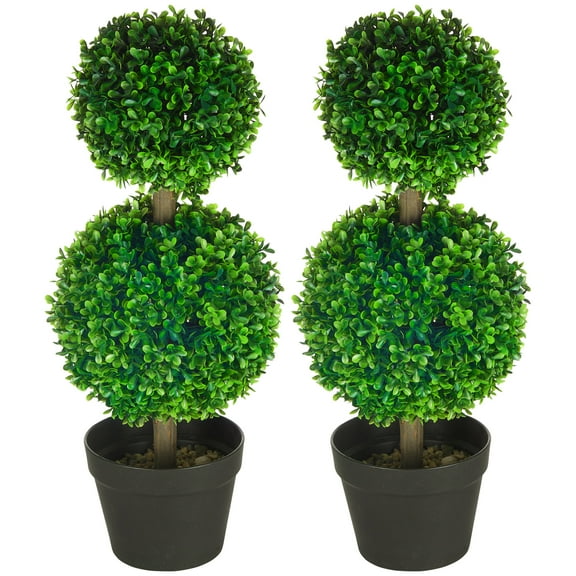 Homiyad 2 Pcs 23.5" Artificial Boxwood Ball Topiary Tree Set of 2 Fake Plants in Pot with Double Ball-Shaped Leaves Green