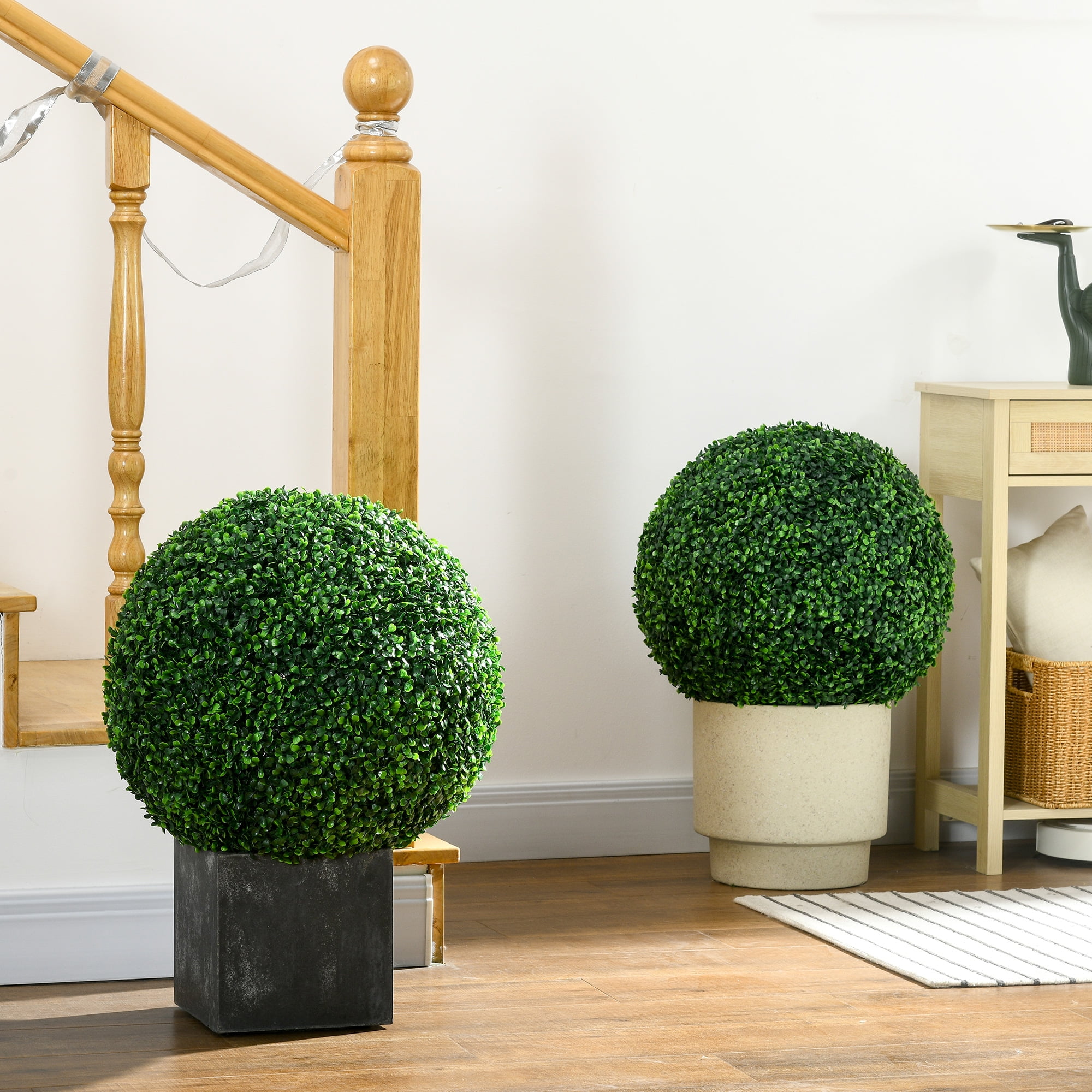 Set of 2 Green Faux Boxwood Topiary Plants in Black Pots