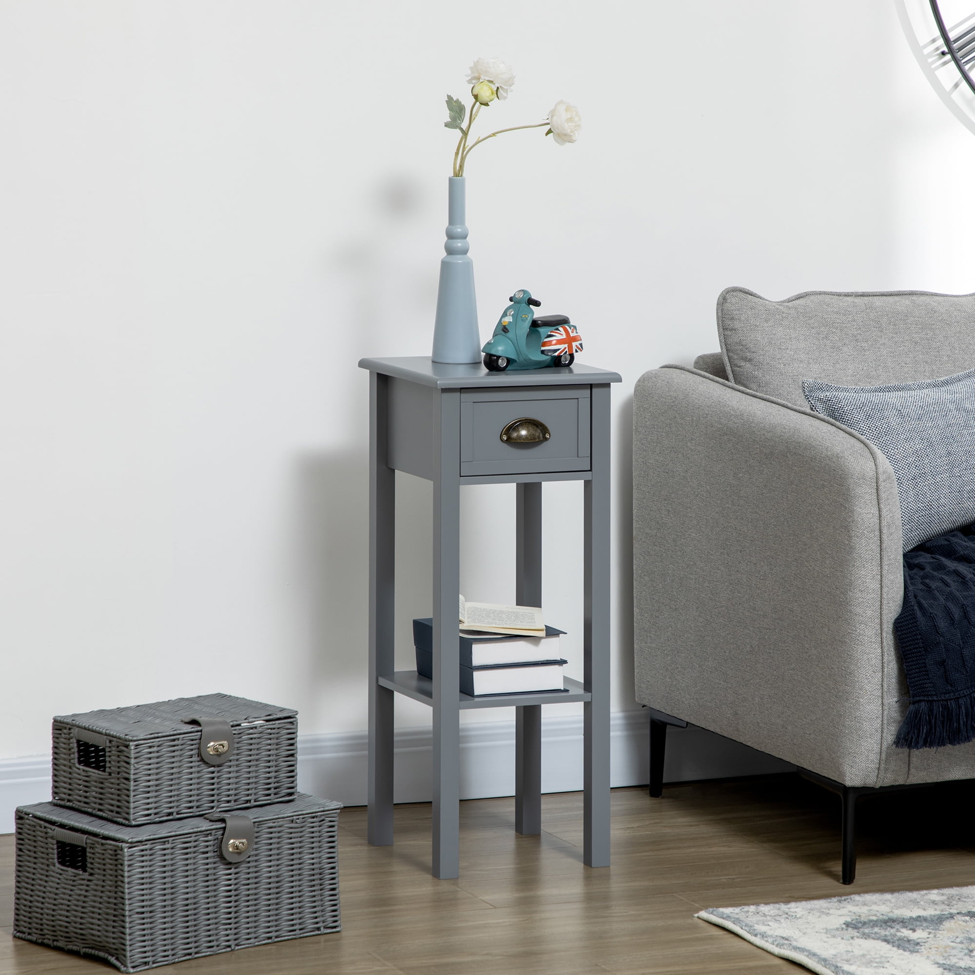 Gray Painted Wood Rectangular Side Table with Drawer and Shelf