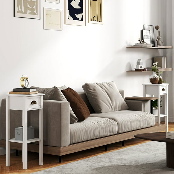 HOMCOM 2-Tier Side Tables with Drawer, Narrow End Tables with Bottom Shelf, for Living Room, Set of 2, White