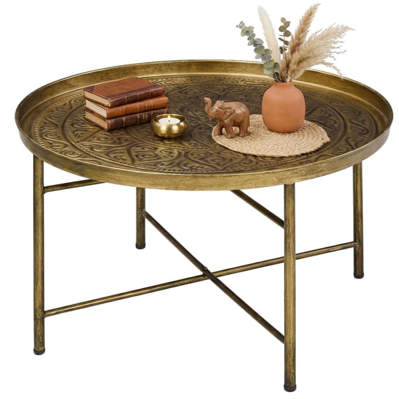 HOMCOM 24" Round Gold Coffee Table, Hammered Floral Tray Top Metal Center Table with Reinforced Frame and Adjustable Feet for Living Room, Bedroom or Dining Area, 15.7" H