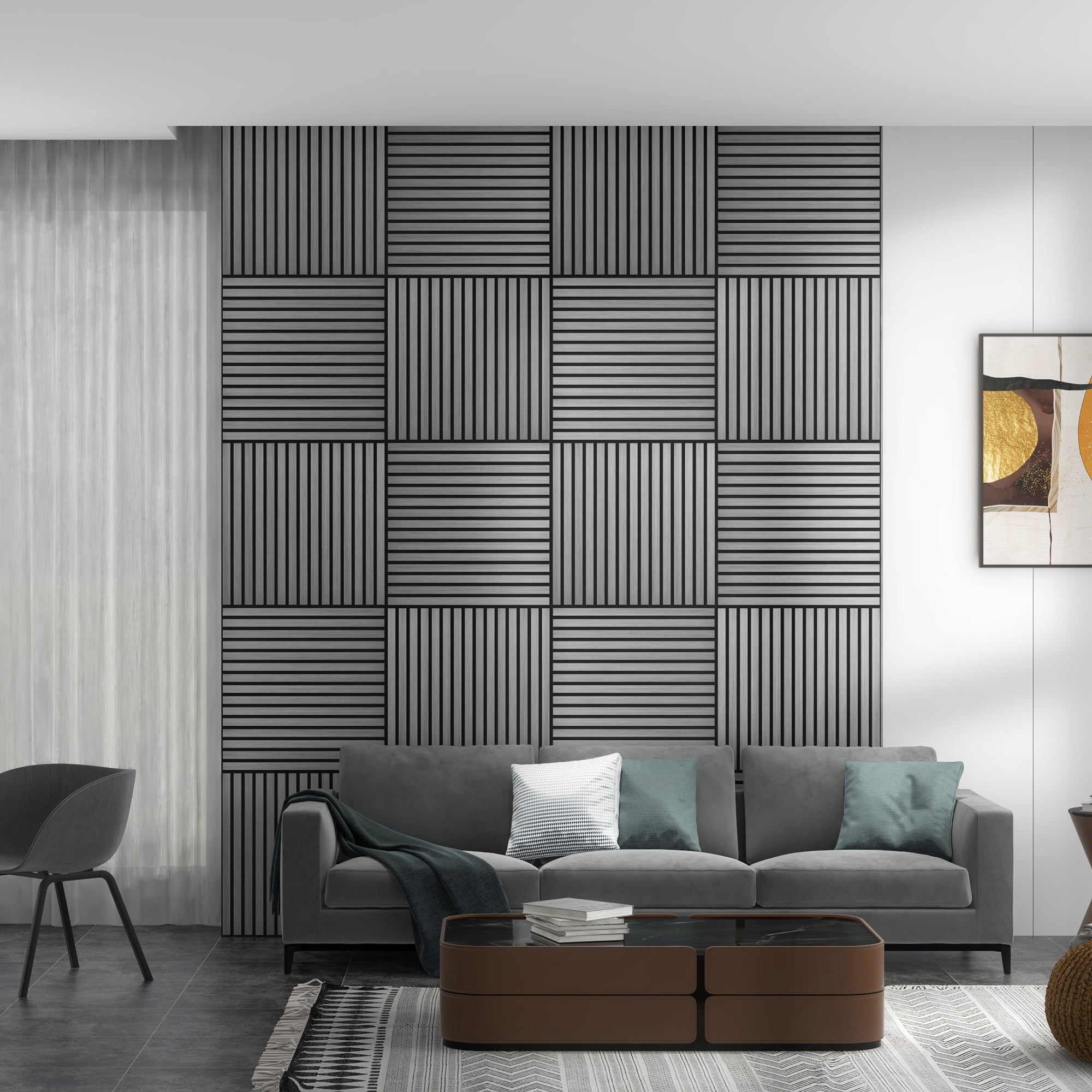 HOMCOM 24" x 24" 4 Pack Wood Wall Panels for Sound Absorbing, Acoustic Wood Panels for Interior Wall Decor, Ceiling, Gray
