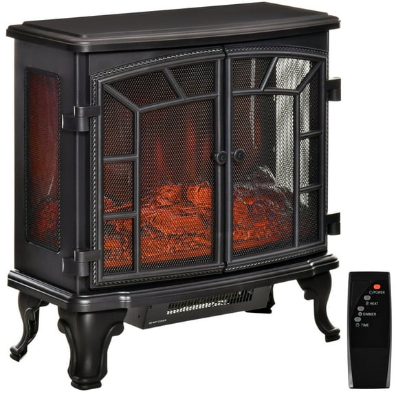 HOMCOM 27” Electric Fireplace Heater Fireplace Stove with Realistic LED Flames and Logs Remote Control and Overheating Protection 750W/1500W Black