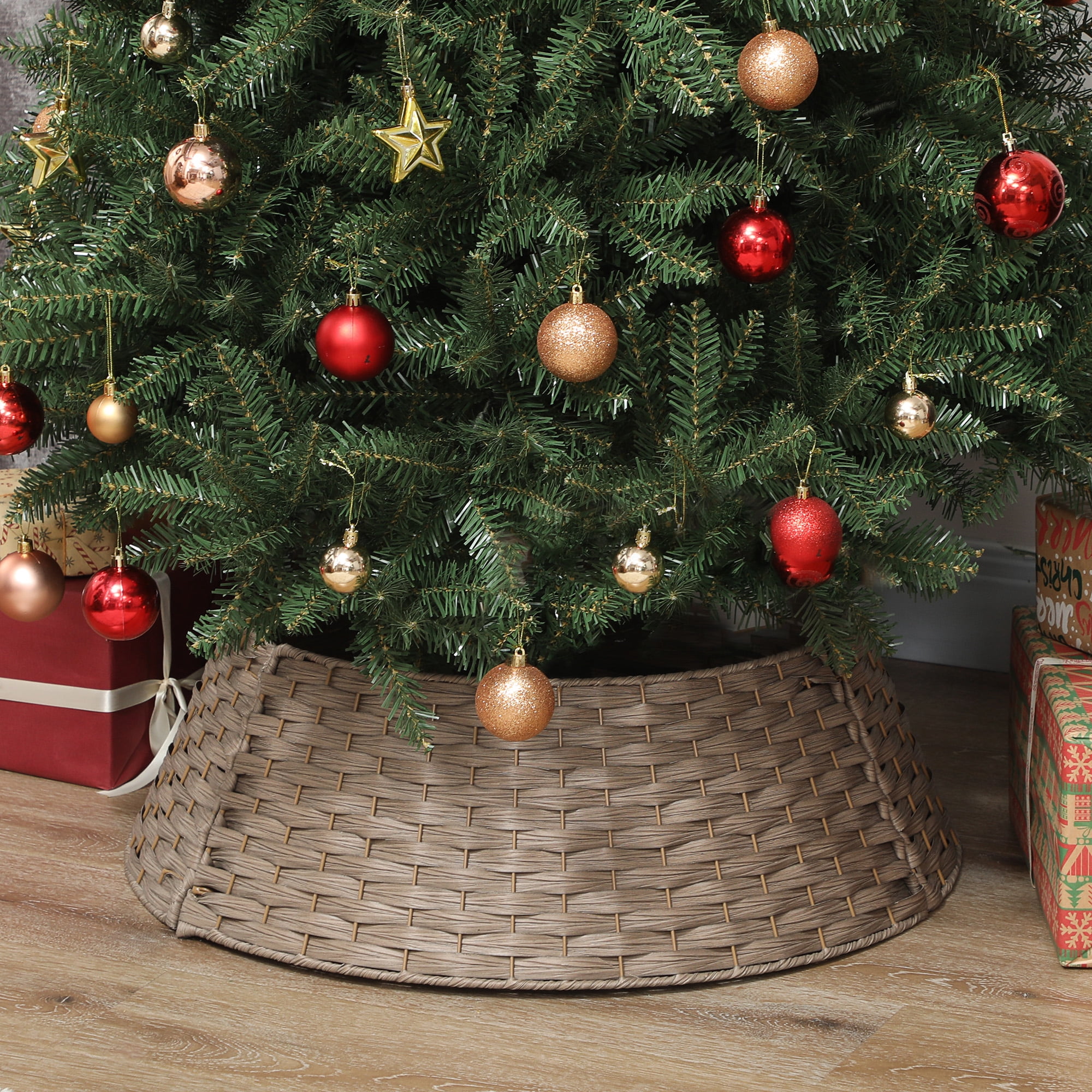 23.5 Inch Metal Christmas Tree Collar - Cream Hammered Finish Tree Base Cover