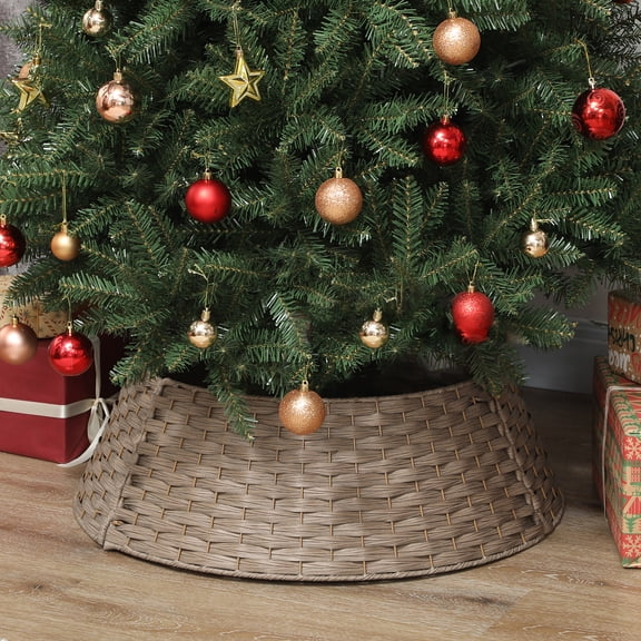HOMCOM 27 inch Rustic Christmas Tree Collar, Plastic Woven Tree Base Cover