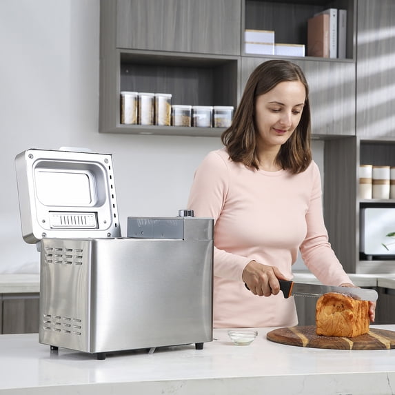HOMCOM 2LB Bread Maker, Stainless Steel Bread Machine with 25 Programmable Settings, 3 Shade Crust Options, LCD Display, Gluten Free, Silver