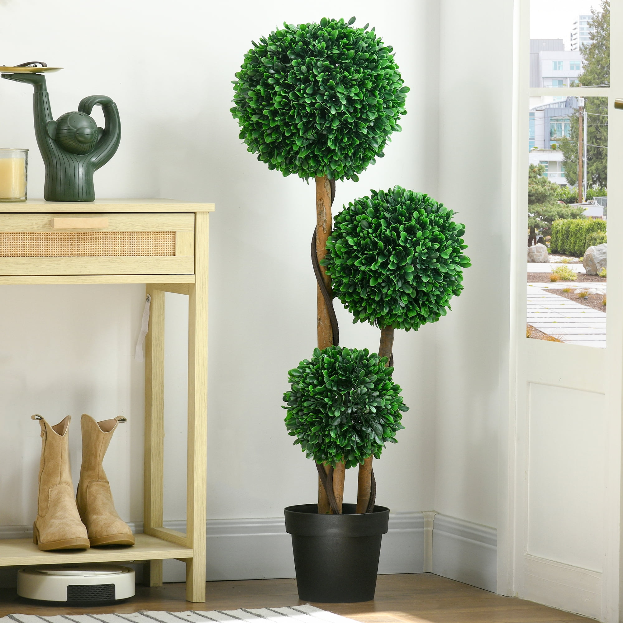 43.25" Green Plastic Boxwood Topiary Tree with Black Pot