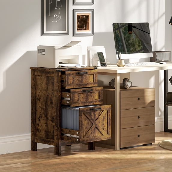 HOMCOM 3 Drawer File Cabinet, Filing Cabinet for Hanging A4/Letter Size, Farmhouse Printer Stand with Storage for Home Office, Rustic Brown