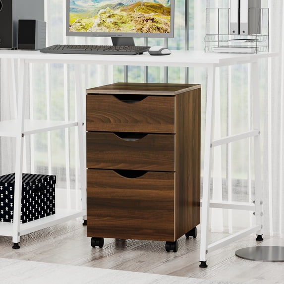 HOMCOM 3 Drawer Mobile File Cabinet with Wheels, Wood Filing Cabinet for Home Office, Rolling Under Desk Cabinet, Brown Wood Grain