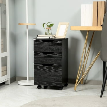HOMCOM 3 Drawer Office Storage Cabinet, Under Desk Cabinet with Wheels, Black Wood Grain