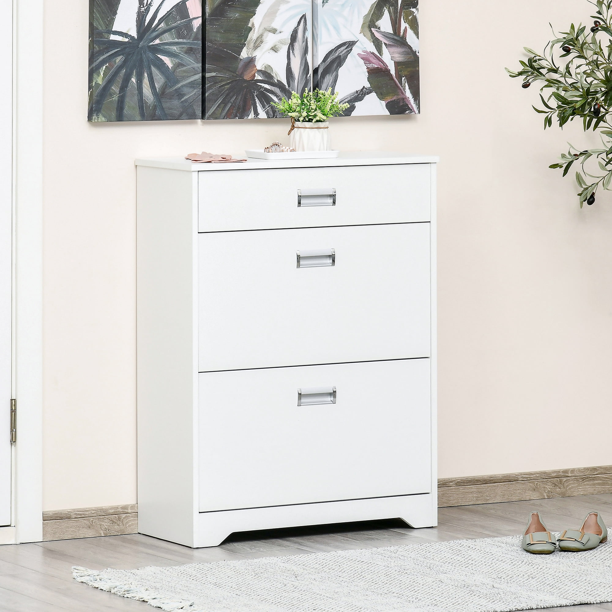 White Engineered Wood Adjustable Shoe Cabinet with Flip Doors