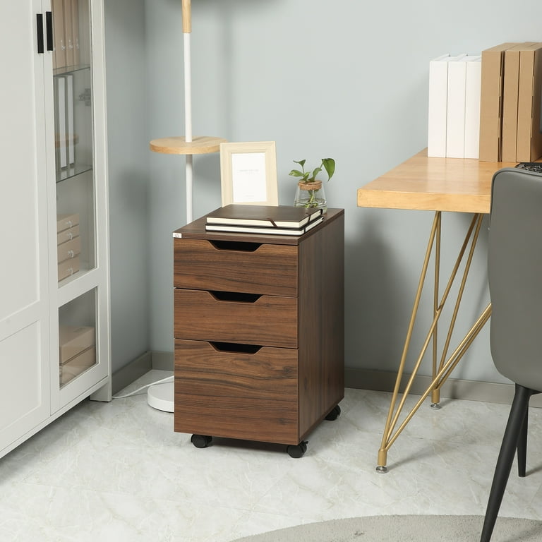 HOMCOM 3 Drawer Storage Cabinet Storage Organizer W Caster Wheels Brown