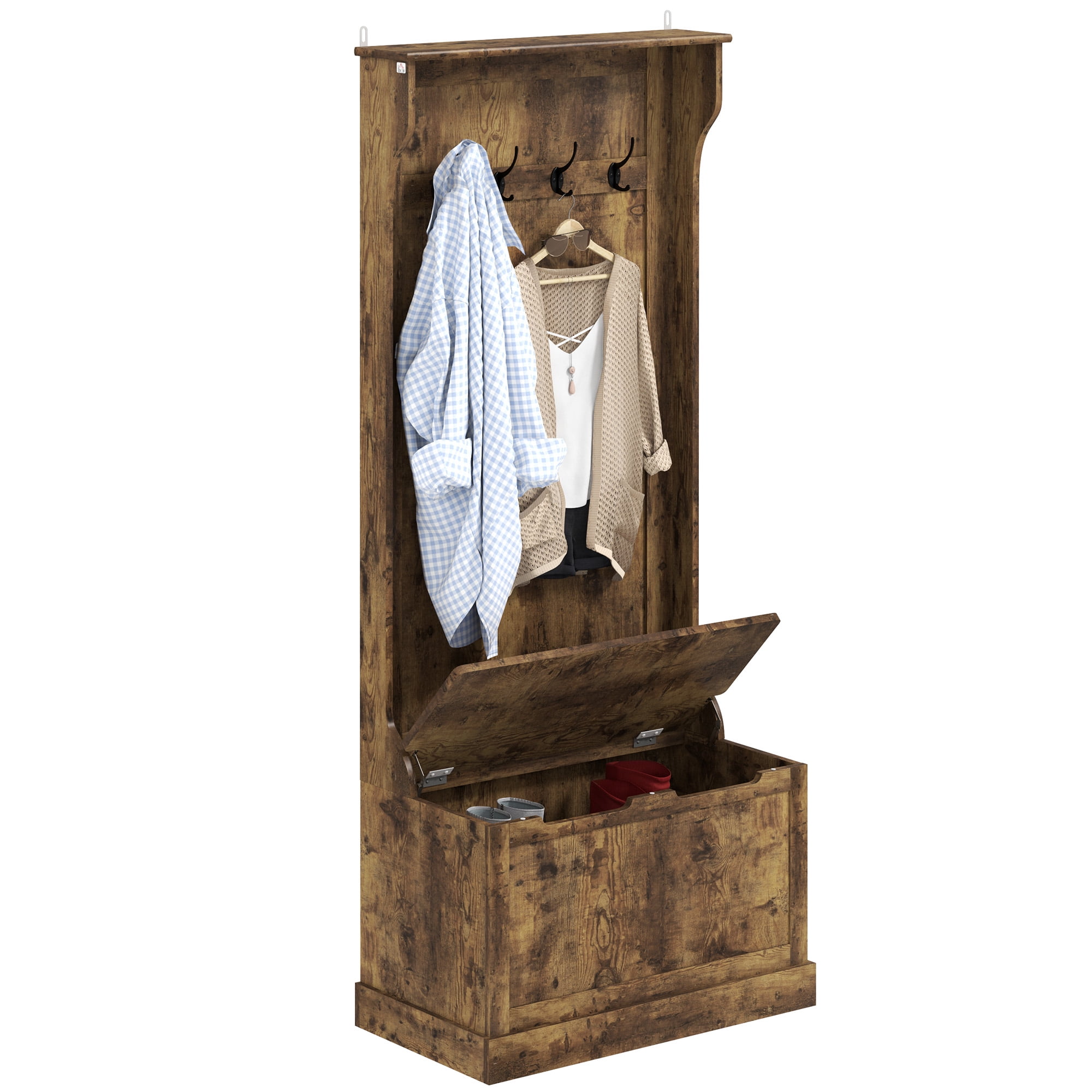 Rustic Brown Wood Hall Tree with Storage Bench and Coat Rack