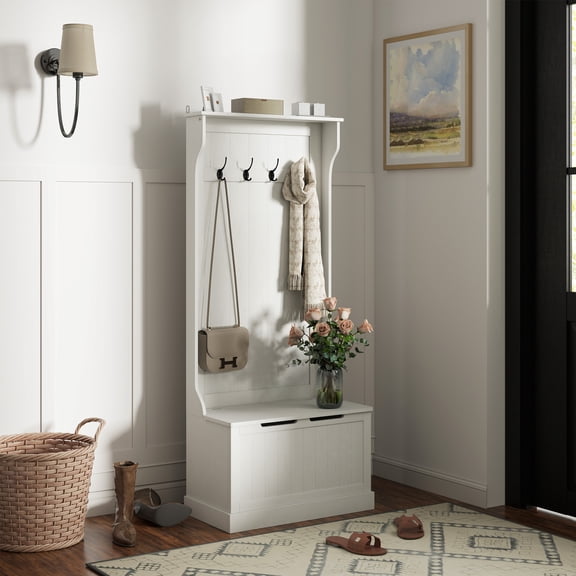 HOMCOM 3-In-1 Entryway Hall Tree with Storage Bench, Coat Rack with Four Hooks, and Shoe Storage, White