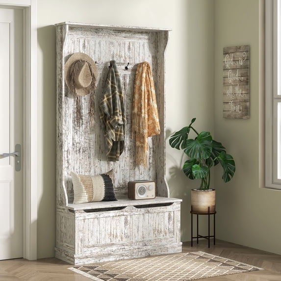 HOMCOM 3-In-1 Hall Tree Storage Bench and Coat Rack with 5 Steel Double ...