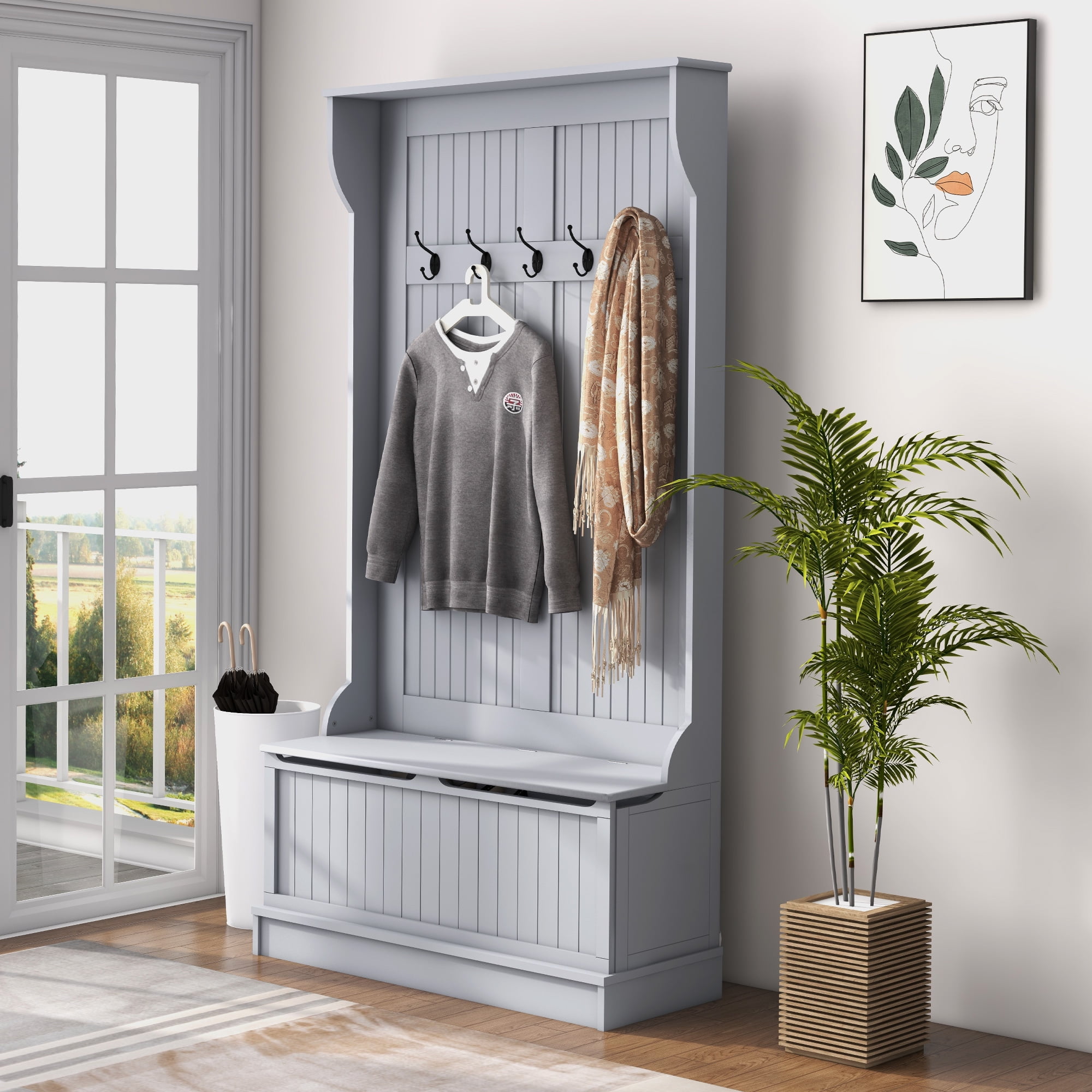 Gray Engineered Wood Hall Tree with Storage Bench and Metal Hooks