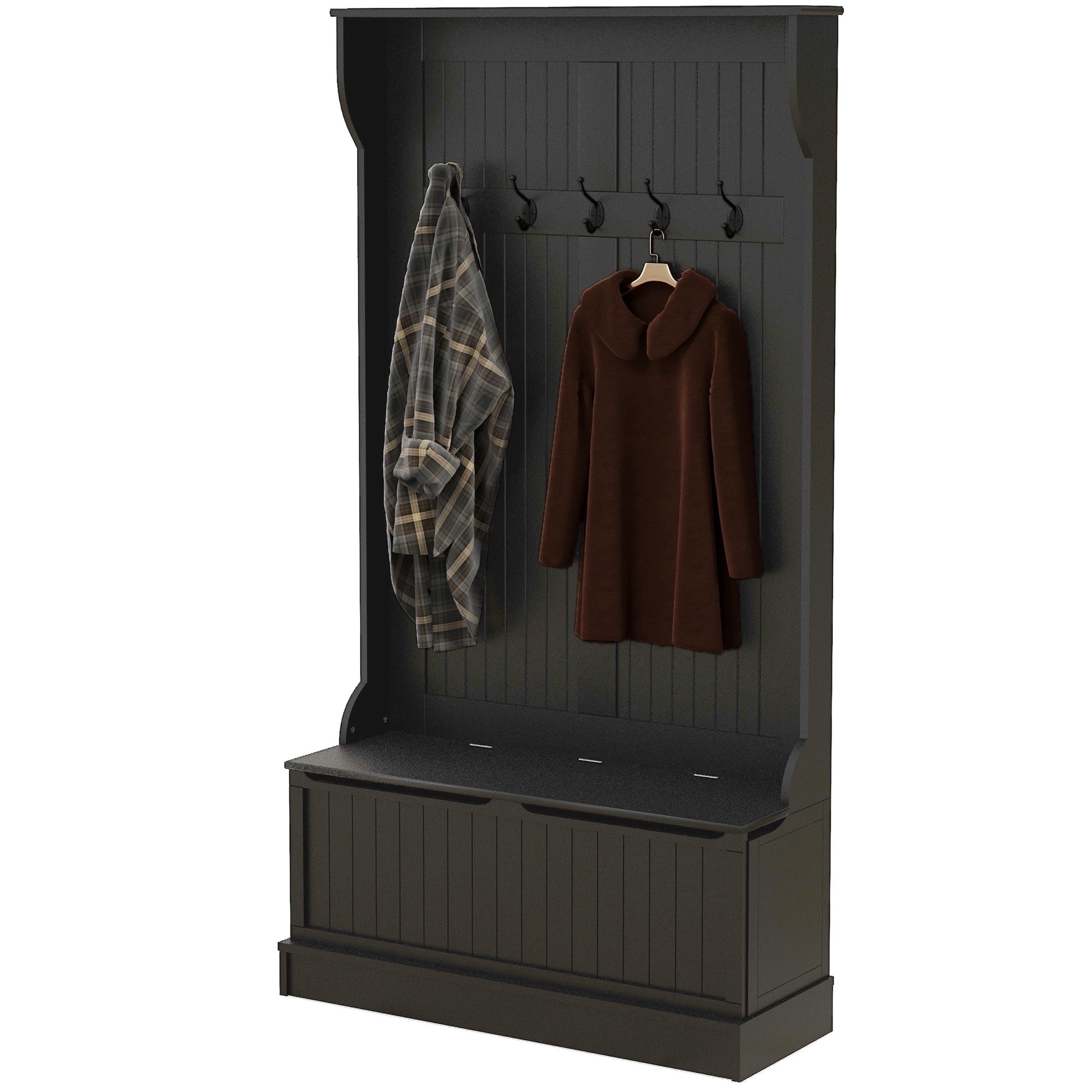 HOMCOM 3-In-1 Hall Tree Storage Bench and Coat Rack with Hooks Black ...