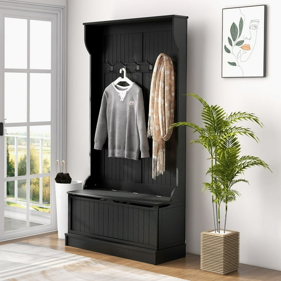 HOMCOM 3-In-1 Hall Tree Storage Bench and Coat Rack with 5 Steel Double Hooks, and Anti-Topple Anchor for Entryway, Black