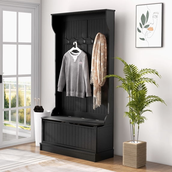 HOMCOM 3-In-1 Hall Tree Storage Bench and Coat Rack with 5 Steel Double Hooks, and Anti-Topple Anchor for Entryway, Black