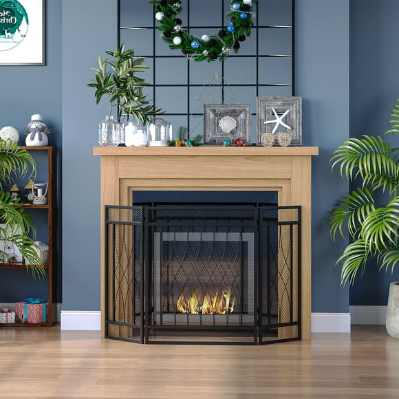HOMCOM 3-Panel Folding Fireplace Screen, Metal Mesh Fire Spark Guard for Wood Burning, 49.5" x 31.5", Black