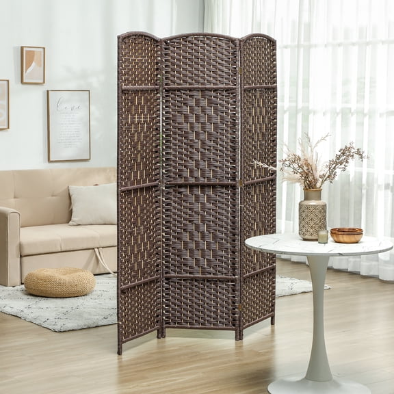 HOMCOM 3 Panel Room Divider, 6' Tall Folding Privacy Screen, Woven Freestanding Wood Partition for Home Office, Bedroom, Brown