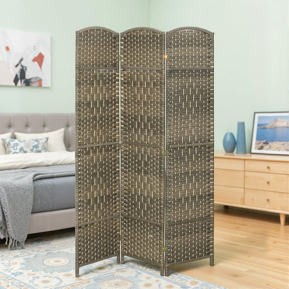 HOMCOM 3 Panel Room Divider, 6' Tall Folding Privacy Screen, Hand-Woven Freestanding Wood Partition for Home Office, Bedroom, Dark Rustic Oak