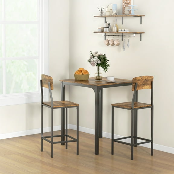 HOMCOM 3 Piece Bar Table and Chairs Set, Industrial Small Dining Table Set for 2, Square Kitchen Table and Stools, Rustic Brown and Black