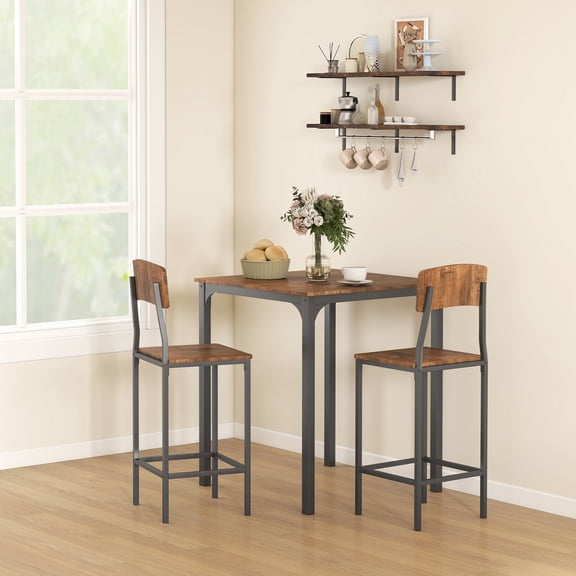 HOMCOM 3 Piece Bar Table and Chairs Set, Industrial Small Dining Table Set for 2, Square Kitchen Table and Stools, Walnut and Black