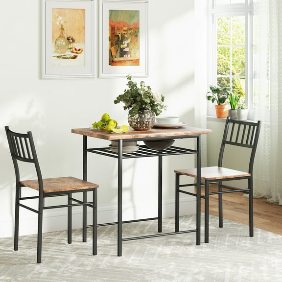 HOMCOM 3-Piece Small Dining Table Set, Kitchen Table and Chairs with Built-in Storage Rack and Steel Frame, Brown