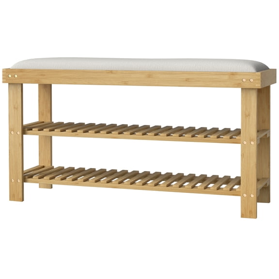 HOMCOM Bamboo Shoe Bench, Entryway Bench with Storage and Cushion, Natural