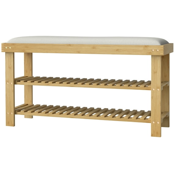 HOMCOM Bamboo Shoe Bench, Entryway Bench with Storage and Cushion, Cream