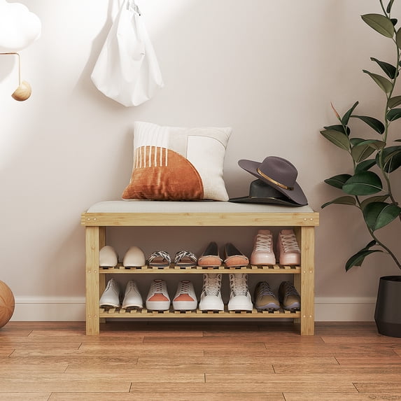 Sjor Racj HOMCOM 3-Tier Bamboo Shoe Bench, Entryway Bench with Storage and ...