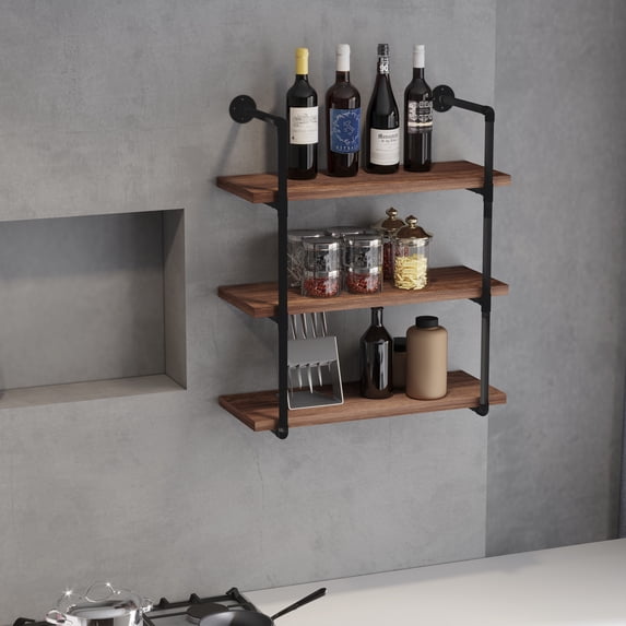 HOMCOM 3-Tier Industrial Pipe Shelves, Floating Wall Mounted Bookshelf, Metal Frame Display Rack for Living Room or Bedroom, Rustic Brown