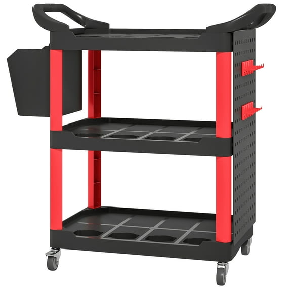 HOMCOM 3-Tier Rolling Tool Cart, Utility Cart with Side Shelf & Hook Black