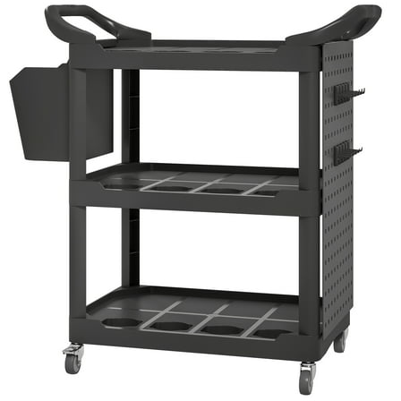 HOMCOM 3-Tier Rolling Tool Cart, Utility Cart with Side Shelf & Hook Black