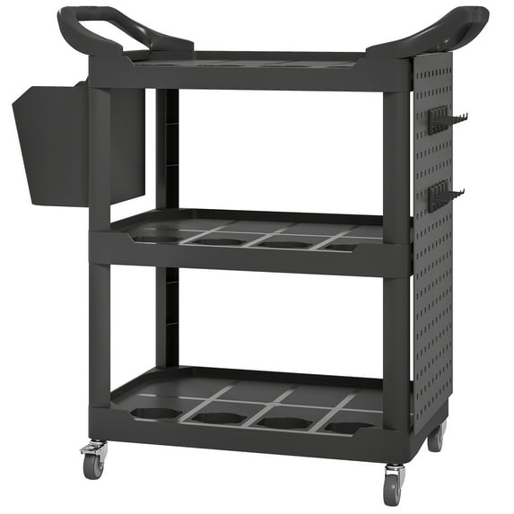 HOMCOM 3-Tier Rolling Tool Cart, Utility Cart with Side Shelf & Hook Black