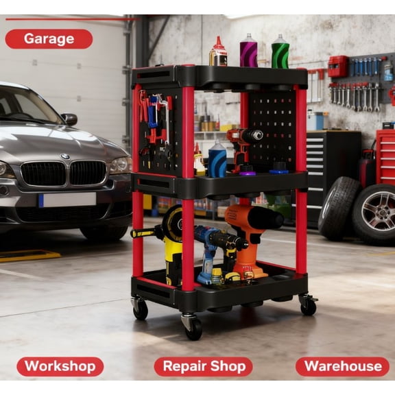HOMCOM 3-Tier Rolling Tool Cart with Wheels, 200 LBS Capacity Plastic Utility Cart with Side Shelves, Mobile Service Tool Organizer for Garage, Warehouse, Workshop, Black and Dark Blue