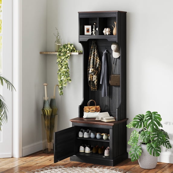 HOMCOM 3-in-1 Hall Tree with Shoe Storage, Standing Coat Rack with Shoe Bench, Entryway Furniture with Five Hooks, Black Wood Grain