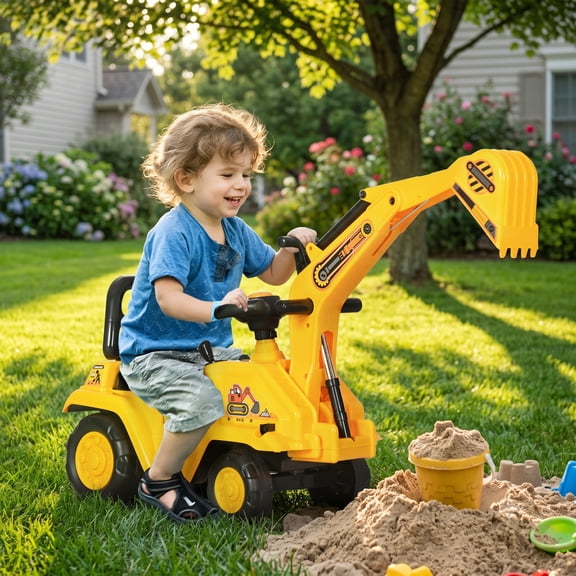 HOMCOM Kids Digger Ride on Truck with Horn, Under Seat Storage, Sit and Scoot Pretend Play Toy Construction Car for Ages 18-48 Months