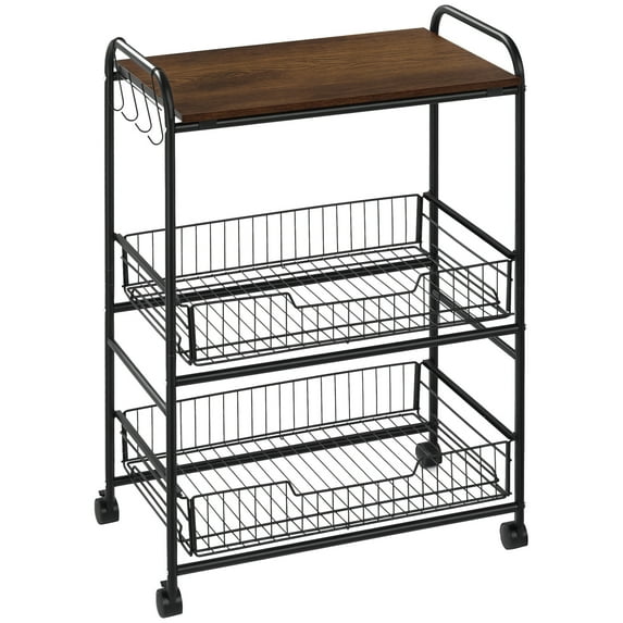 HOMCOM 3-tier Rolling Cart, Slim Kitchen Cart with Wheels, 2 Sliding Baskets, Microwave Cart with Side Hooks for Dining Room, Brown