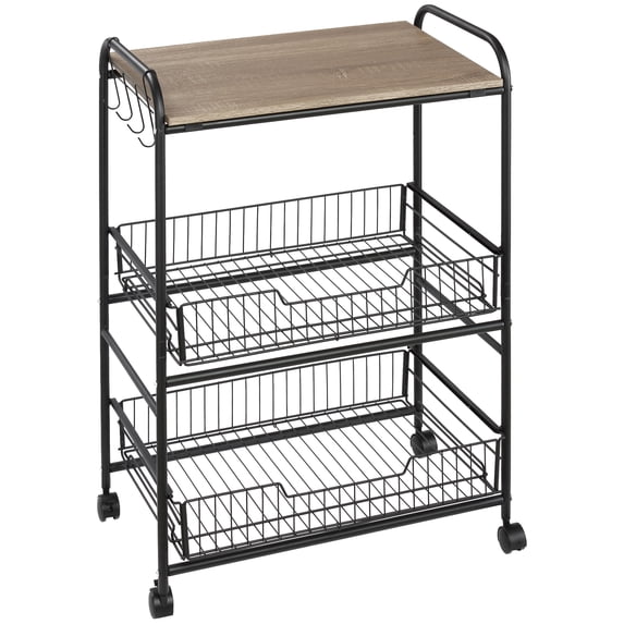 HOMCOM 3-tier Rolling Cart, Slim Kitchen Cart with Wheels, 2 Sliding Baskets, Microwave Cart with Side Hooks for Dining Room, Oak Wood Tone